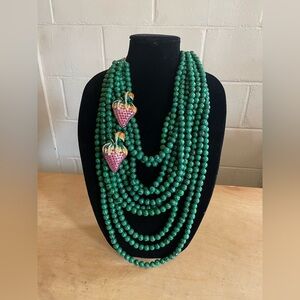 Sassy Jones Green Necklace with Pink Strawberry Charms